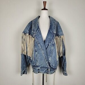 Denim Jacket Womens Medium Fringe Western Rodeo Southwestern Cowboy Vintage